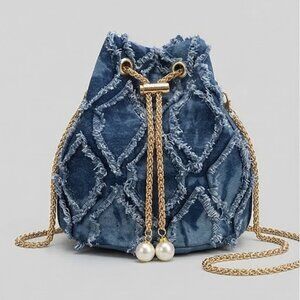 Distressed Denim Diamond-Quilt Pearl Bucket Mini Bag